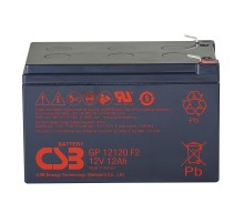 Батарея CSB серия GP, GP12120 F2, напряжение 12В, емкость 12Ач (разряд 20 часов), макс. ток разряда (5 сек.) 180А, ток короткого замыкания 378А, макс. ток заряда 3.6A, свинцово-кислотная типа AGM, клеммы F2, ДxШxВ 151x98x100.3мм., вес 3.67кг., срок службы