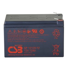 Батарея CSB серия GP, GP12120 F2, напряжение 12В, емкость 12Ач (разряд 20 часов), макс. ток разряда (5 сек.) 180А, ток короткого замыкания 378А, макс. ток заряда 3.6A, свинцово-кислотная типа AGM, клеммы F2, ДxШxВ 151x98x100.3мм., вес 3.67кг., срок службы