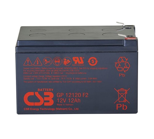 Батарея CSB серия GP, GP12120 F2, напряжение 12В, емкость 12Ач (разряд 20 часов), макс. ток разряда (5 сек.) 180А, ток короткого замыкания 378А, макс. ток заряда 3.6A, свинцово-кислотная типа AGM, клеммы F2, ДxШxВ 151x98x100.3мм., вес 3.67кг., срок службы