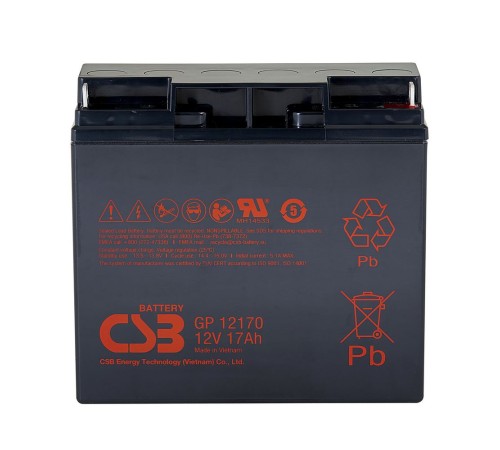 Батарея CSB серия GP, GP12170 B3, напряжение 12В, емкость 17Ач (разряд 20 часов), макс. ток разряда (5 сек.) 230А, ток короткого замыкания 532А, макс. ток заряда 5.1A, свинцово-кислотная типа AGM, клеммы В3, под гайку и болт М6, ДxШxВ 181x76.2x167мм., вес