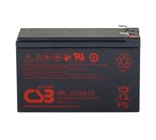 Батарея CSB серия HRL, HRL1234W F2 FR, напряжение 12В, емкость 34 Вт/Эл при 15-мин. разряде до U кон. - 1.67 В/Эл при 25 °С, (разряд 20 часов), макс. ток разряда (5 сек.) 130А, ток короткого замыкания 367А, макс. ток заряда 3.4A, свинцово-кислотная типа A
