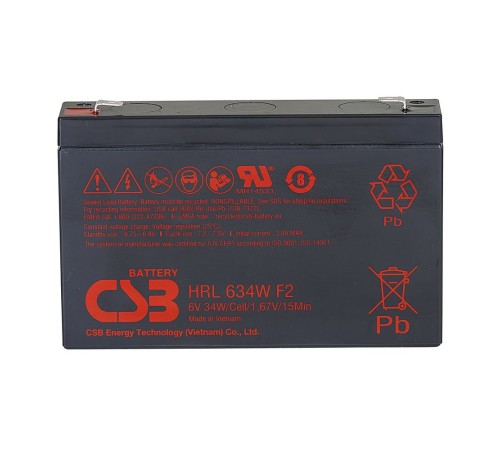 Батарея CSB серия HRL, HRL634W F2 FR, напряжение 6В, емкость 8.5Ач (разряд 20 часов), 34 Вт/Эл при 15-мин. разряде до U кон. - 1.67 В/Эл при 25 °С, макс. ток разряда (5 сек.) 130А, ток короткого замыкания 380А, макс. ток заряда 3.4A, свинцово-кислотная ти