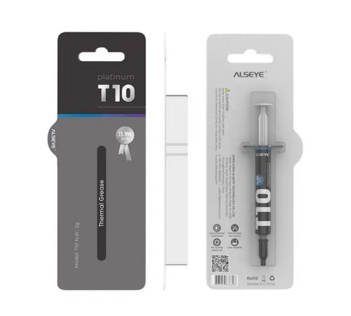 Термопаста ALSEYE T10 Thermal conductivity: 13.9W/m-k  Color: Gray  Conductivity: non-conductive specific gravity: 2.7g / cm³@25℃  Capacity: 1.2ml  Weight: 2G