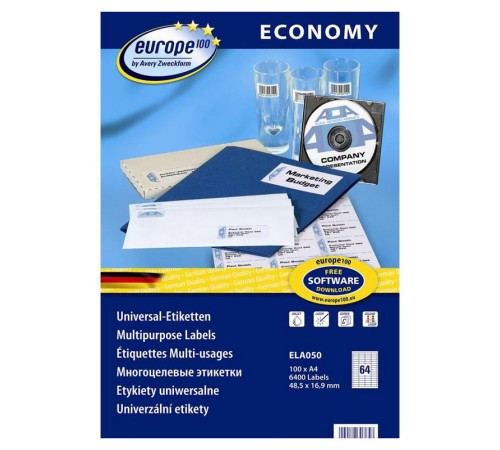 Этикетки Europe100 ELA050-100 A4 48.5x16.9мм 64шт на листе/70г/м2/100л./белый матовое самоклей. универсальная Этикетки Europe100 ELA050-100 A4 48.5x16.9мм 64шт на листе/70г/м2/100л./белый матовое самоклей. универсальная