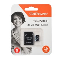 Карта памяти microSD GoPower 16GB Class10 60 МБ/сек V10 с адаптером GoPower 00-00025674