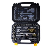 Набор торцевых головок и ключей 44 предмета Deli DL1044  1/2"+1/4", сталь Cr-V, комплектация: торцевые головки (1/4" 4-14мм, 1/2" 8-32мм), 10 удлинительных/соединительных стержней, трещотки 1/4" и 1/2" 45 зубьев, пластиковый 