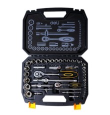 Набор торцевых головок и ключей 44 предмета Deli DL1044  1/2"+1/4", сталь Cr-V, комплектация: торцевые головки (1/4" 4-14мм, 1/2" 8-32мм), 10 удлинительных/соединительных стержней, трещотки 1/4" и 1/2" 45 зубьев, пластиковый 