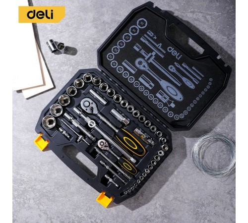 Набор торцевых головок и ключей 44 предмета Deli DL1044  1/2"+1/4", сталь Cr-V, комплектация: торцевые головки (1/4" 4-14мм, 1/2" 8-32мм), 10 удлинительных/соединительных стержней, трещотки 1/4" и 1/2" 45 зубьев, пластиковый 