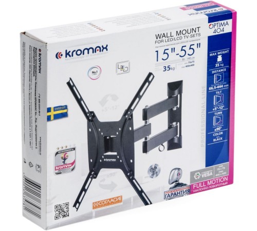 Кронштейн для телевизора Kromax OPTIMA-404 черный 15"-55" макс.35кг настенный поворотно-выдвижной и наклонный Кронштейн для телевизора Kromax OPTIMA-404 черный 15"-55" макс.35кг настенный поворотно-выдвижной и наклонный