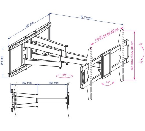 Кронштейн для телевизора Kromax ATLANTIS-70 черный 32"-75" макс.101кг настенный поворотно-выдвижной и наклонный Кронштейн для телевизора Kromax ATLANTIS-70 черный 32"-75" макс.101кг настенный поворотно-выдвижной и наклонный