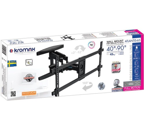 Кронштейн для телевизора Kromax ATLANTIS-65 черный 40"-90" макс.45кг настенный поворотно-выдвижной и наклонный Кронштейн для телевизора Kromax ATLANTIS-65 черный 40"-90" макс.45кг настенный поворотно-выдвижной и наклонный