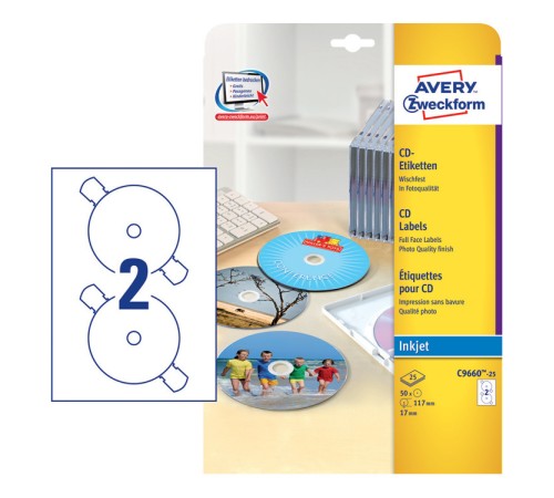 Этикетки Avery Zweckform CD/DV C9660-25 A4/196г/м2/25л./белый супер глянец самоклей. для лазерной печати Этикетки Avery Zweckform CD/DV C9660-25 A4/196г/м2/25л./белый супер глянец самоклей. для лазерной печати