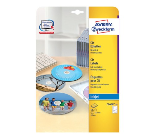 Этикетки Avery Zweckform CD/DV C9660-25 A4/196г/м2/25л./белый супер глянец самоклей. для лазерной печати Этикетки Avery Zweckform CD/DV C9660-25 A4/196г/м2/25л./белый супер глянец самоклей. для лазерной печати