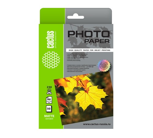 Фотобумага Cactus CS-MA623050 10x15/230г/м2/50л./белый матовое для струйной печати Фотобумага Cactus CS-MA623050 10x15/230г/м2/50л./белый матовое для струйной печати