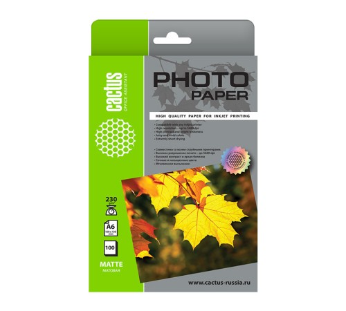 Фотобумага Cactus CS-MA6230100 10x15/230г/м2/100л./белый матовое для струйной печати Фотобумага Cactus CS-MA6230100 10x15/230г/м2/100л./белый матовое для струйной печати