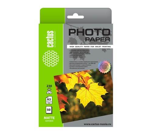 Фотобумага Cactus CS-MA523050 A5/230г/м2/50л./белый матовое для струйной печати Фотобумага Cactus CS-MA523050 A5/230г/м2/50л./белый матовое для струйной печати