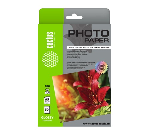 Фотобумага Cactus CS-GA518050 A5/180г/м2/50л./белый глянцевое для струйной печати Фотобумага Cactus CS-GA518050 A5/180г/м2/50л./белый глянцевое для струйной печати