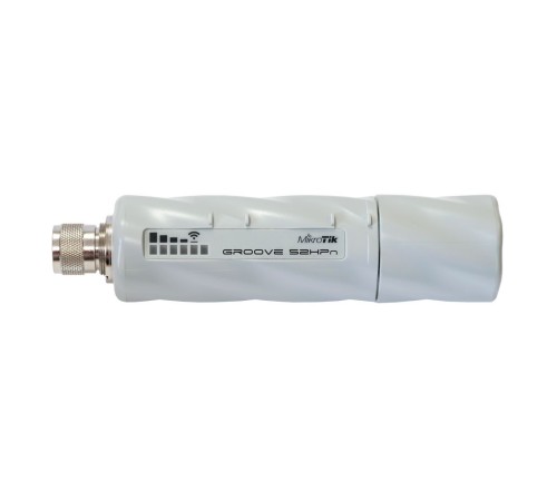 Точка доступа MikroTik GrooveA 52 with N-male connector, High Gain Single Chain 2.4GHz / 5GHz 802.11abgn wireless, 600MHz CPU, 64MB RAM, 1x LAN, mounting loops, POE, PSU, plastic case, RouterOS L4, 2.4Ghz 6dBi Omni (RBGrooveA-52HPn)