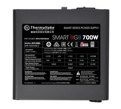Блок питания Thermaltake ATX 700W Smart RGB 700 80+ (24+4+4pin) APFC 120mm fan color LED 6xSATA RTL