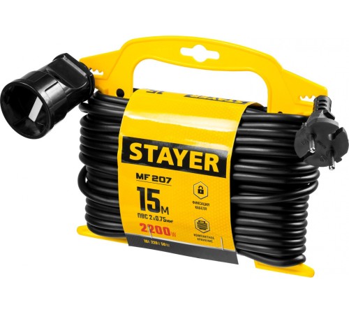 Удлинитель силовой Stayer 55014-15_z01 2x0.75кв.мм 1розет. 15м ПВС пласт.рамка черный Удлинитель силовой Stayer 55014-15_z01 2x0.75кв.мм 1розет. 15м ПВС пласт.рамка черный