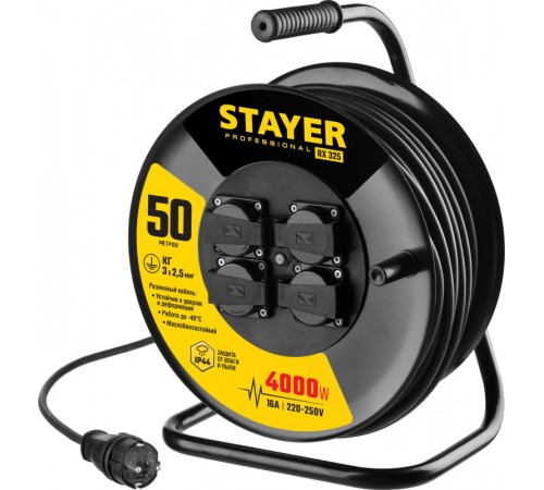 Удлинитель силовой Stayer 55076-50_z01 3x2.5кв.мм 4розет. 50м КГ катушка черный Удлинитель силовой Stayer 55076-50_z01 3x2.5кв.мм 4розет. 50м КГ катушка черный