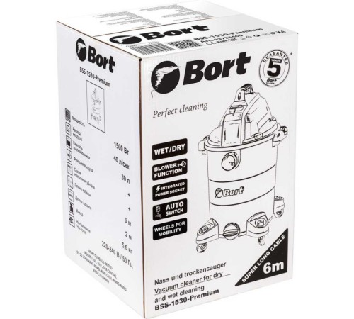 Строительный пылесос Bort BSS-1530-Premium 1500Вт (уборка: сухая/влажная) синий