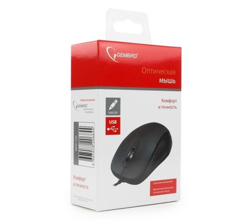 Мышь Gembird MOP-100, USB, черный, 2 кнопки+колесо кнопка, 1000 DPI, кабель 1.45м , (206844)