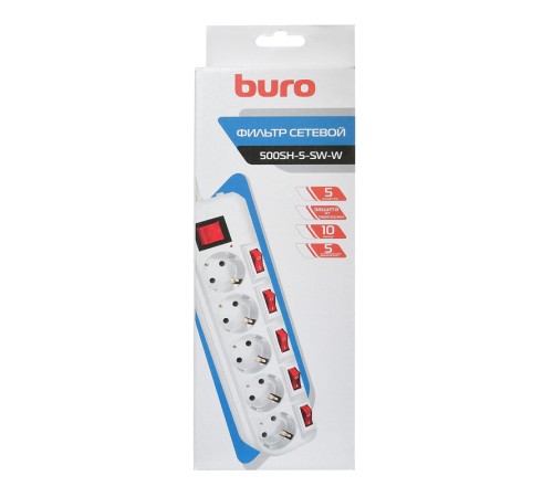 Сетевой фильтр Buro 500SH-5-SW-W 5м (5 розеток) белый (коробка) Сетевой фильтр Buro 500SH-5-SW-W 5м (5 розеток) белый (коробка)