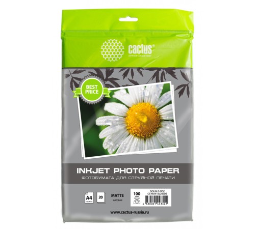 Фотобумага Cactus CS-MA410020EDS A4/100г/м2/20л./белый матовое/матовое для струйной печати Фотобумага Cactus CS-MA410020EDS A4/100г/м2/20л./белый матовое/матовое для струйной печати