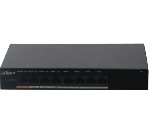 Сетевое оборудование DAHUA 8-портовый неуправляемый коммутатор с РоЕПорты: 4 RJ45 10/100/100Мбит/с (PoE/PoE+/Hi-PoE), 4 RJ45 10/100/100Мбит/с (uplink); мощность PoE: порт 1 до 60Вт, порты 2~4 до 30Вт, суммарно до 60Вт; P (DH-PFS3008-8ET-60)