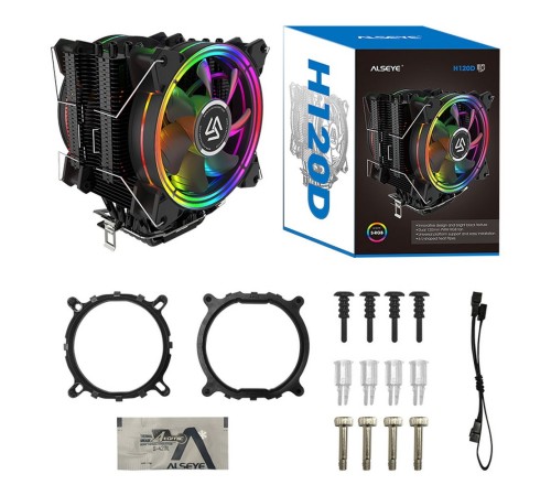 H120D Universal, TDP 200W, Heat Pipe:6mm*6pcs, 800~2000RPM, 11.6-35.3dB(A), RGB, RTL {18} (872339)/(874043) H120D Universal, TDP 200W, Heat Pipe:6mm*6pcs, 800~2000RPM, 11.6-35.3dB(A), RGB, RTL {18} (872339)/(874043)