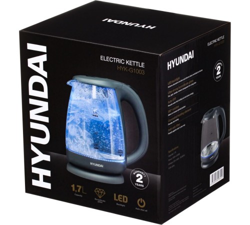 Чайник электрический Hyundai HYK-G1003 1.7л. 2200Вт серый (корпус: стекло)
