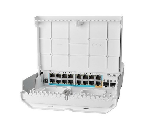 Коммутатор MikroTik netPower 15FR with 800MHz CPU, 256MB RAM, 16 x 10/100Mbps Ethernet ports (15 with Reverse POE-in, 1 with PoE-OUT), 2 x SFP, RouterOS L5 or SwitchOS (dual boot), outdoor enclosure, mounting ki (CRS318-1Fi-15Fr-2S-OUT)