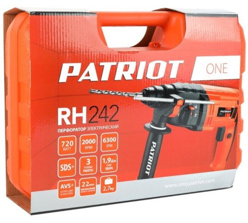 PATRIOT RH 242 Перфоратор [140301326] { SDS+ 720Вт, 1,9 Дж, 3 режима работы, макс.диаметр 22мм, глубиномер, дополнительная ручка, кейс }