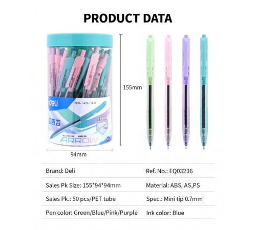 Ручка шариковая Deli EQ03236-1 Arrow авт. 0.7мм прозрачный ассорти синие чернила пластик.стакан (1шт)