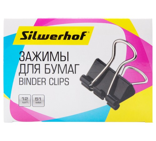 Зажимы Silwerhof 510018 сталь 51мм черный (упак.:12шт) картонная коробка Зажимы Silwerhof 510018 сталь 51мм черный (упак.:12шт) картонная коробка