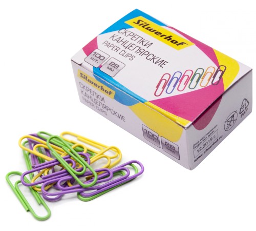 Скрепки Silwerhof 492022 металл пластиковая оболочка 28мм ассорти (упак.:100шт) картонная коробка