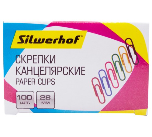 Скрепки Silwerhof 492022 металл пластиковая оболочка 28мм ассорти (упак.:100шт) картонная коробка