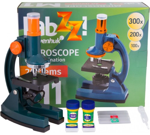Микроскоп Levenhuk LabZZ M1 монокуляр 100-300 на 3 объектива зеленый/оранжевый