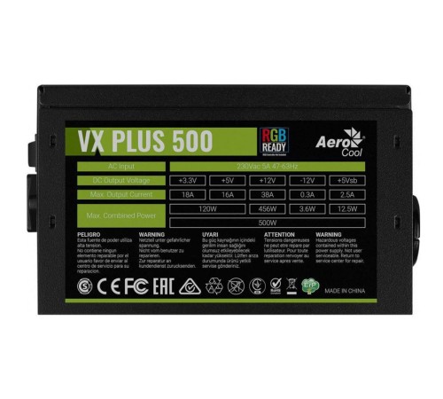 Блок питания Aerocool VX Plus 500 RGB 500W, ATX v2.3, RGB Fan 12cm, 500mm cable, Retail (VX PLUS 500 RGB)