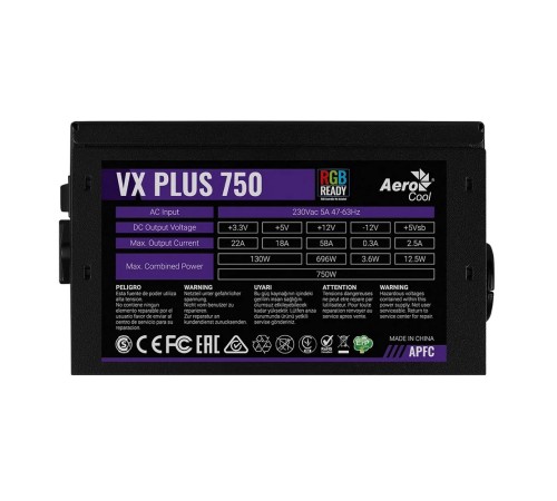 Блок питания Aerocool VX Plus 750 RGB 750W, ATX v2.3, RGB Fan 12cm, 500mm cable, Retail (VX PLUS 750 RGB) Блок питания Aerocool VX Plus 750 RGB 750W, ATX v2.3, RGB Fan 12cm, 500mm cable, Retail (VX PLUS 750 RGB)