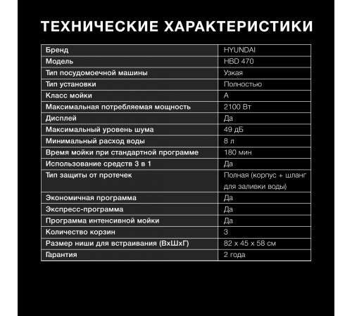 Посудомоечная машина встраив. Hyundai HBD 470 2100Вт узкая Посудомоечная машина встраив. Hyundai HBD 470 2100Вт узкая