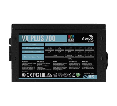 Блок питания Aerocool 700W Retail VX PLUS 700 RGB, ATX v2.3, RGB-подсветка, A.PFC, fan 120mm, 2x PCI-E [6+2-Pin], 6x SATA, 3x MOLEX, 1x FDD (VX PLUS 700 RGB)