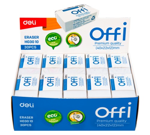 Ластик Deli EH03010 Offi 40x22x12мм ПВХ белый индивидуальная картонная упаковка
