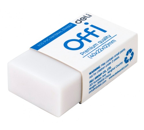 Ластик Deli EH03010 Offi 40x22x12мм ПВХ белый индивидуальная картонная упаковка
