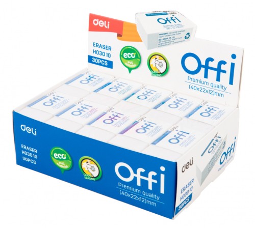 Ластик Deli EH03010 Offi 40x22x12мм ПВХ белый индивидуальная картонная упаковка