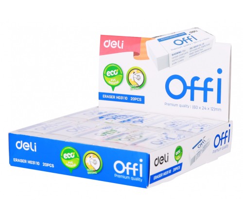 Ластик Deli EH03110 Offi 60x24x12мм ПВХ белый индивидуальная картонная упаковка