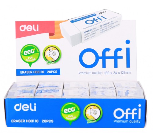 Ластик Deli EH03110 Offi 60x24x12мм ПВХ белый индивидуальная картонная упаковка