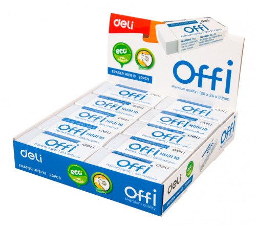 Ластик Deli EH03110 Offi 60x24x12мм ПВХ белый индивидуальная картонная упаковка