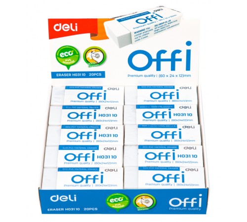 Ластик Deli EH03110 Offi 60x24x12мм ПВХ белый индивидуальная картонная упаковка